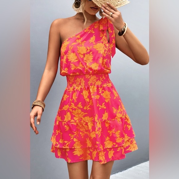 Firefly Lane Boutique1 Dresses & Skirts - Sun-Kissed Petals Mini One Shoulder Floral Dress
